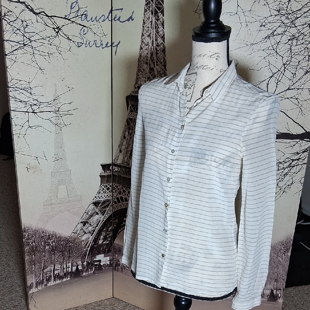 Zara Basic White And Gold Striped Silk Shirt
